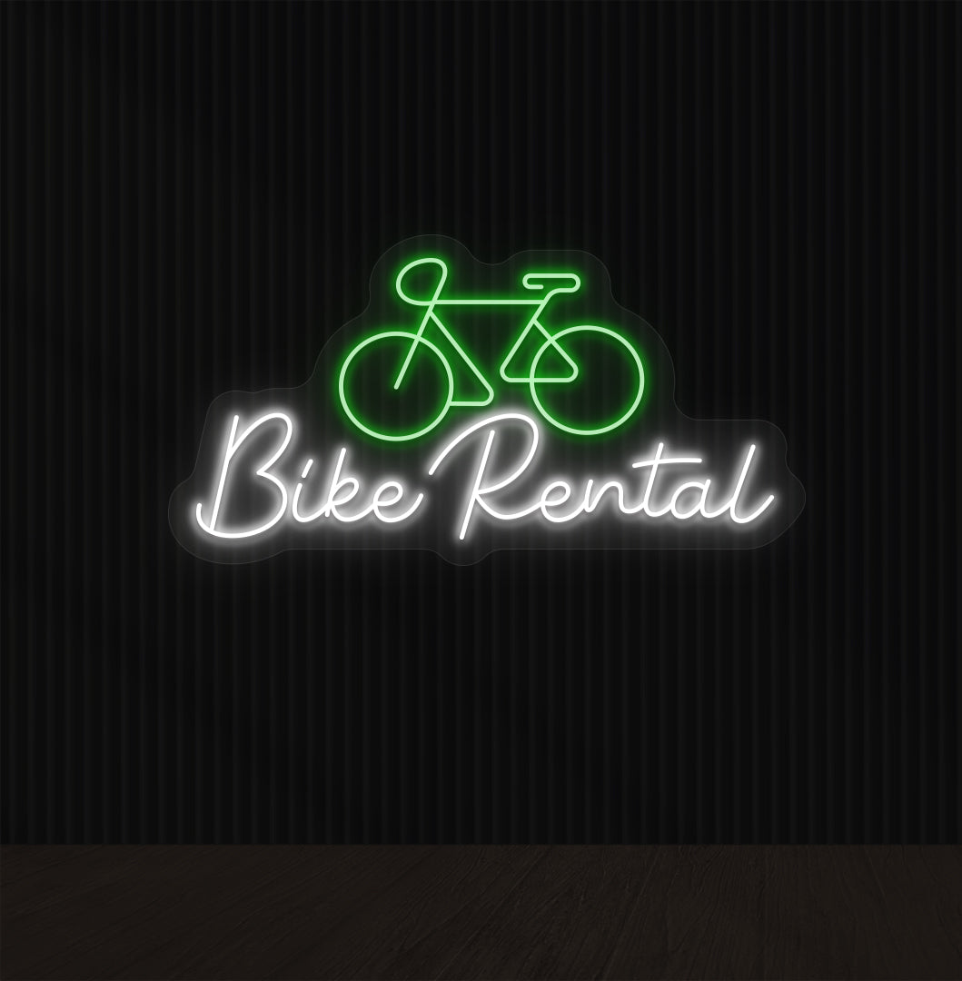 Bright green LED bike rental neon sign with cycle icon glowing on wall.