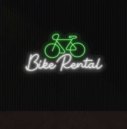 Bright green LED bike rental neon sign with cycle icon glowing on wall.