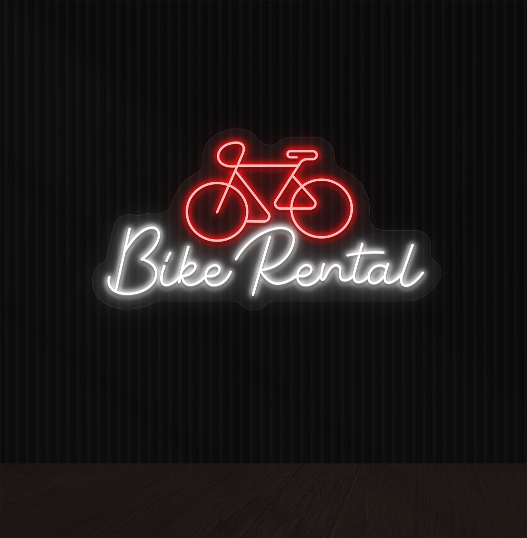 Image of a bike rental neon sign with bicycle icon mounted on wall in red color.