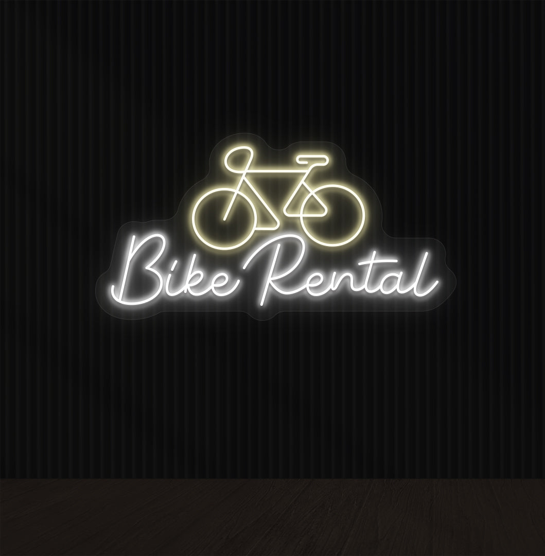 Bright warm white LED bike rental neon sign with cycle icon glowing on wall.