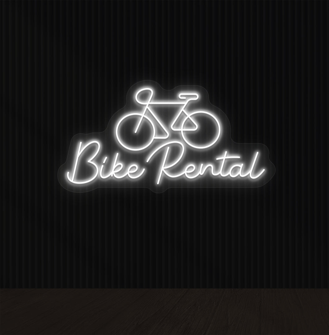 Image of a bike rental neon sign with bicycle icon mounted on wall in white color.