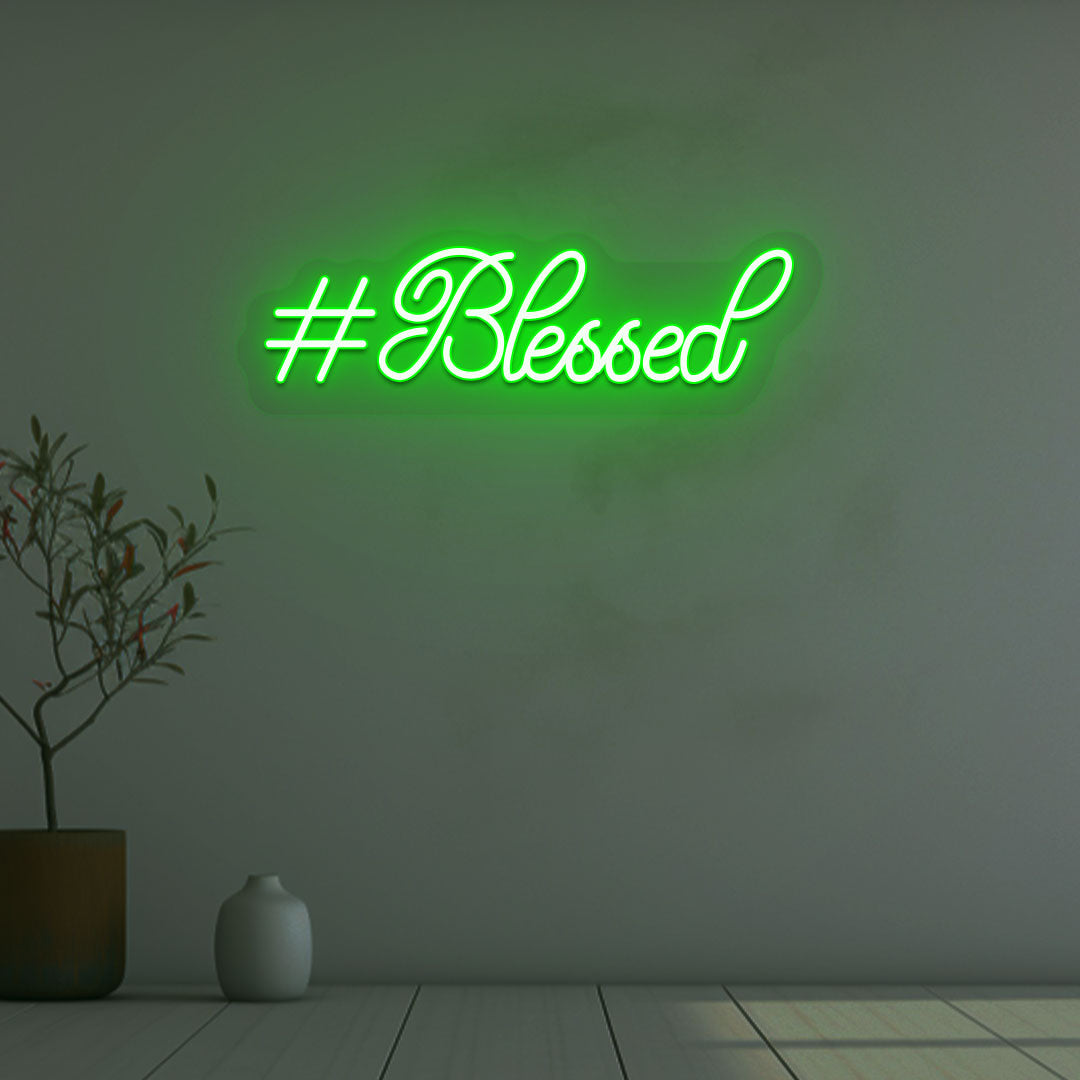 Image of a blessed LED neon sign on wall decor in green color.