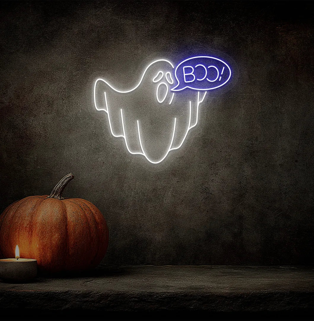 Blue LED Boo Ghost neon sign mounted on a Halloween themed wall.