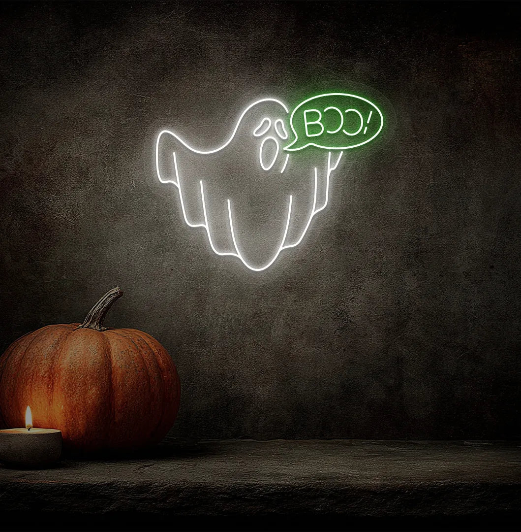Boo Ghost LED Neon Sign with green glow on a spooky Halloween themed wall.