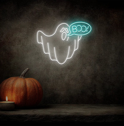 Ice Blue LED Boo Ghost neon sign mounted on a Halloween themed wall.