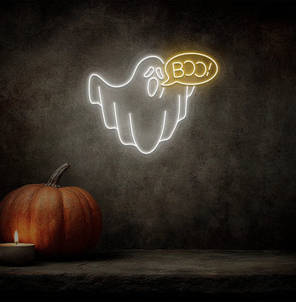 Boo Ghost LED Neon Sign with orange glow on a spooky Halloween themed wall.