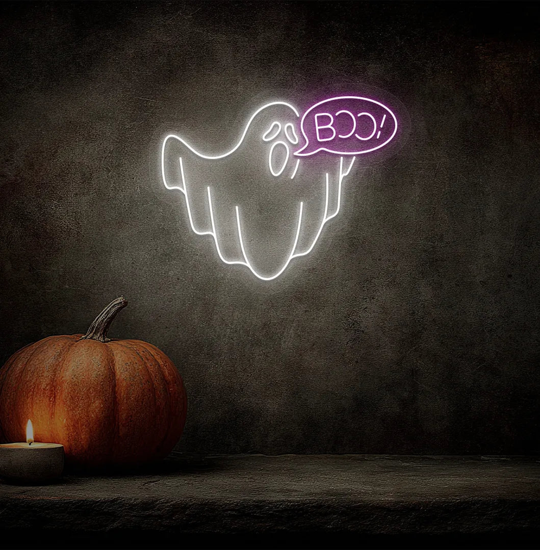 Boo Ghost LED Neon Sign with purple glow on a spooky Halloween themed wall.