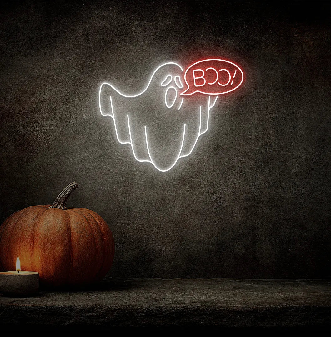 Red LED Boo Ghost neon sign mounted on a Halloween themed wall.