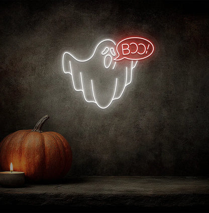 Red LED Boo Ghost neon sign mounted on a Halloween themed wall.