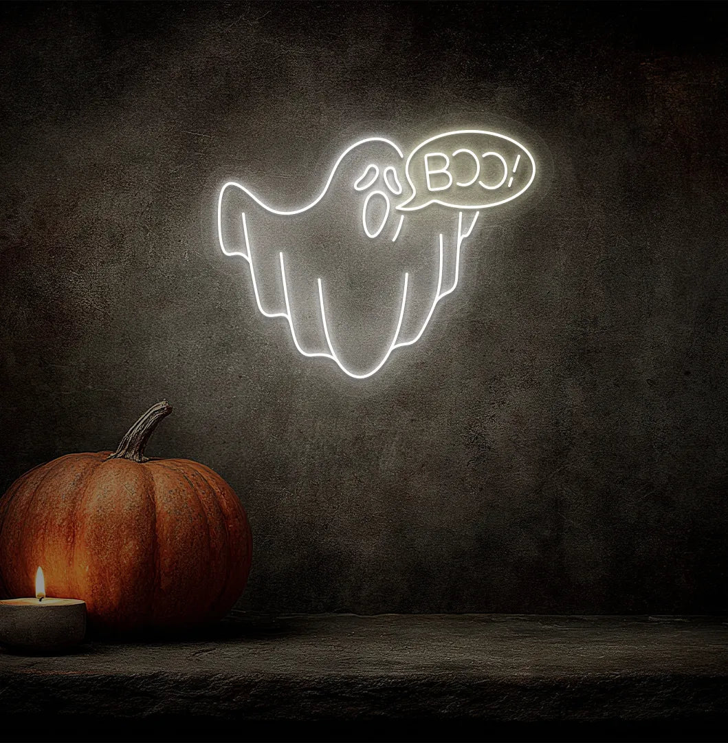 Boo Ghost LED Neon Sign with warm white glow on a spooky Halloween themed wall.