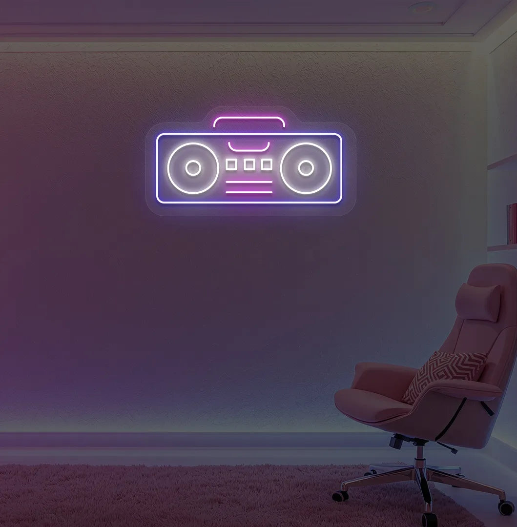 Image of a boombox neon sign in blue color mounted on gaming room wall.