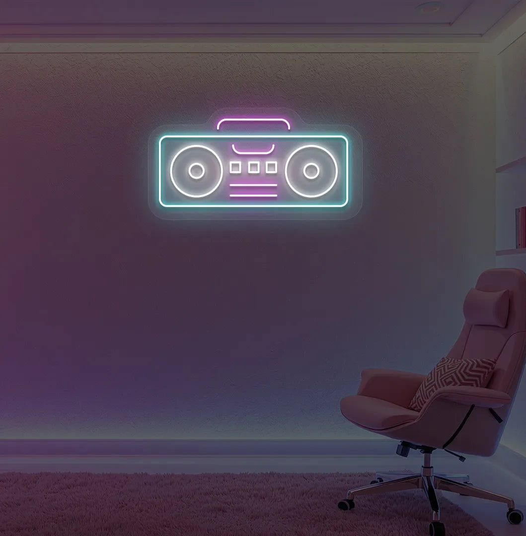 Image of a boombox neon sign in ice blue color mounted on gaming room wall.