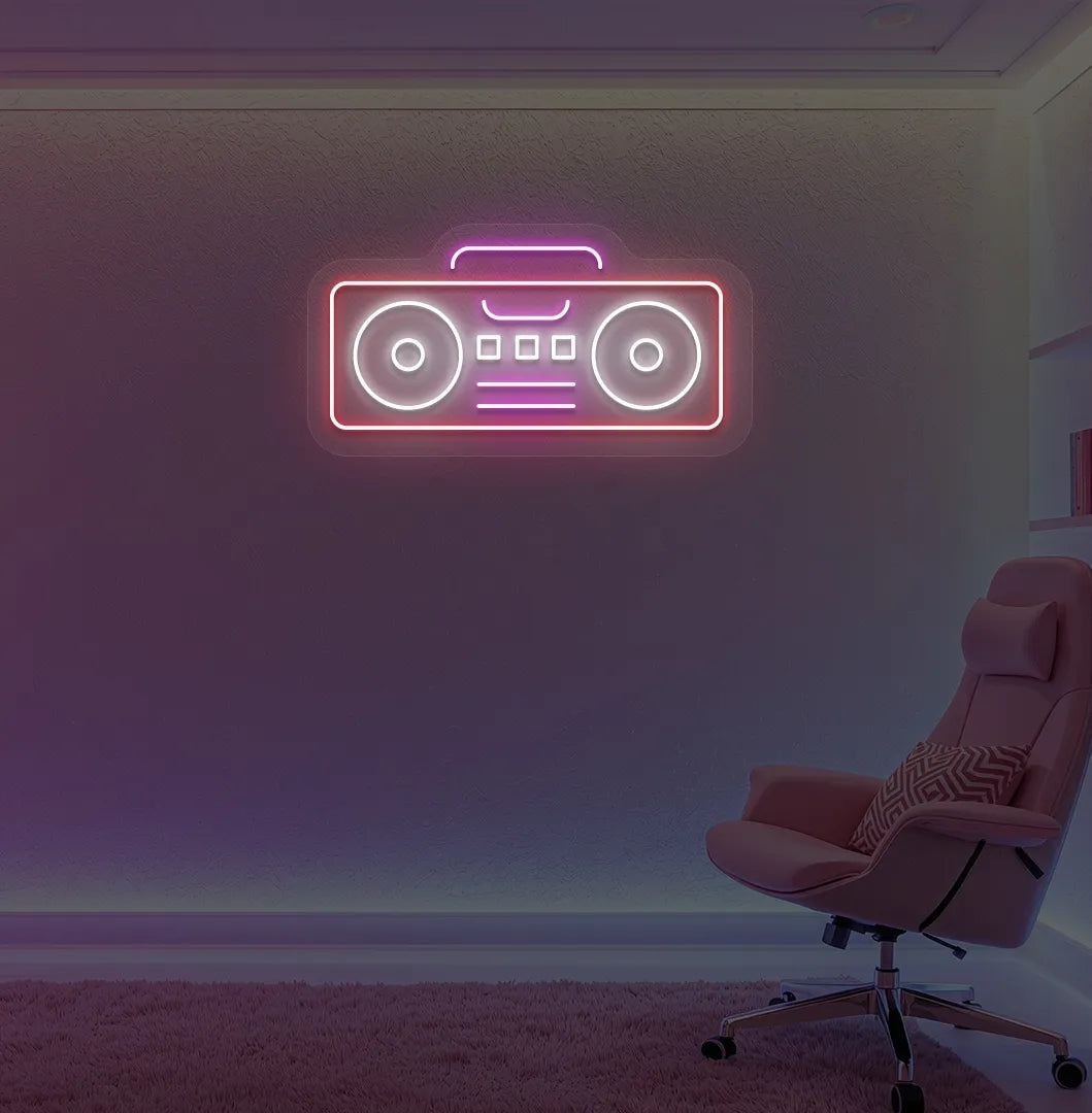 Image of a boombox neon sign in red color mounted on gaming room wall.