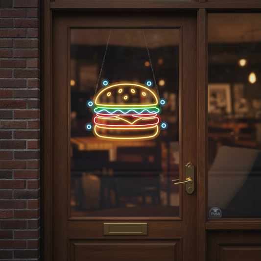 Image of a burger bite neon sign with a colorful design hanging on a shop door.