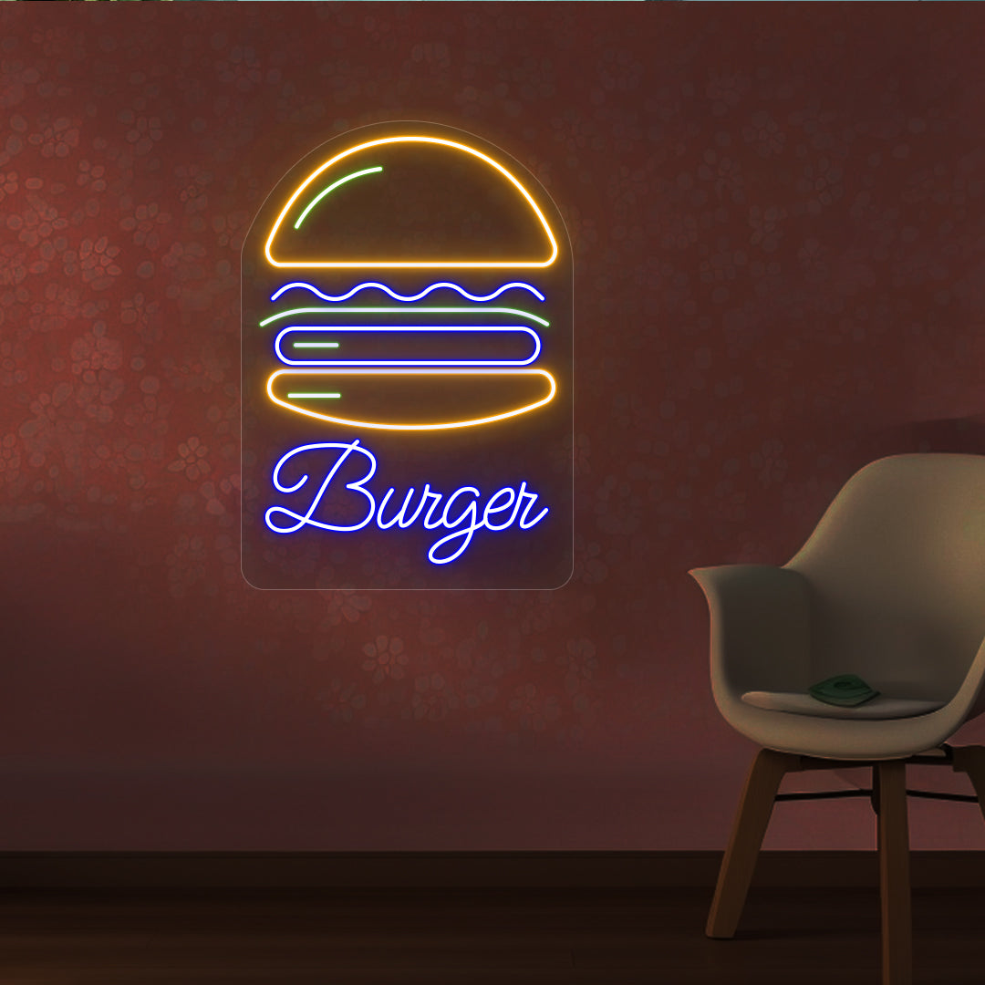 Image of a burger LED neon sign mounted on a restaurant wall in blue and orange colors. 