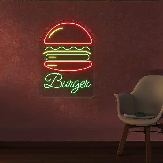 Image of a burger LED neon sign mounted on a restaurant wall in green and red colors. 