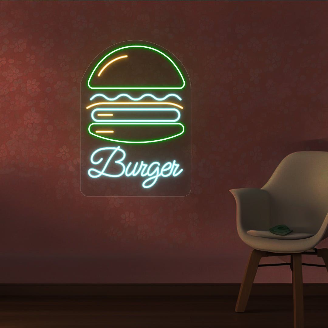 A stylish green and ice blue LED burger neon sign is mounted on the restaurant wall.