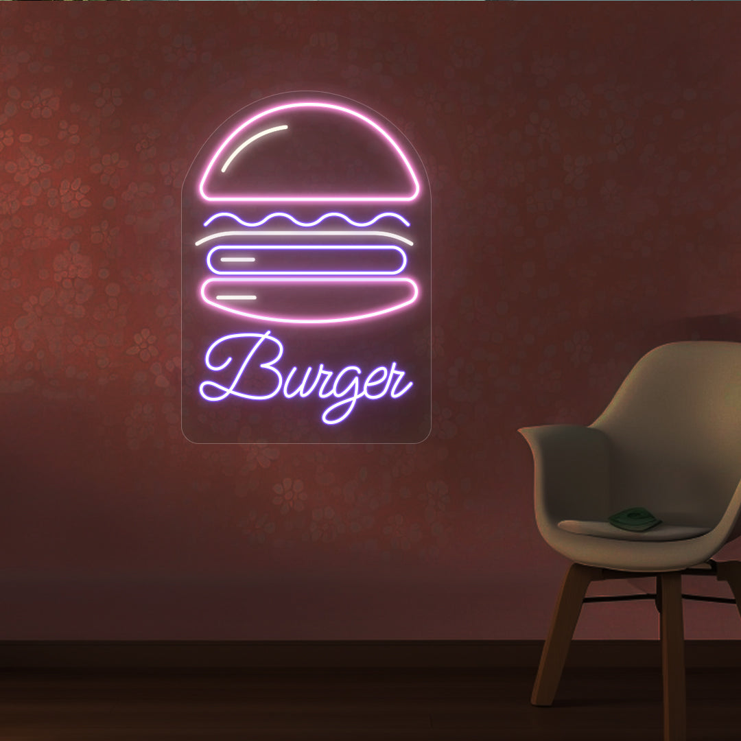 A stylish pink and purple LED burger neon sign is mounted on the restaurant wall.