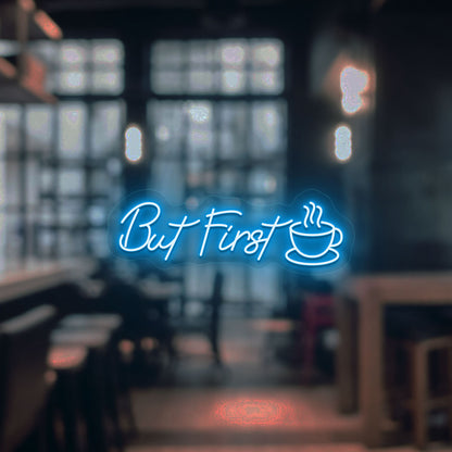 Stylish ice blue LED, but first neon sign with coffee cup mounted on cafe door. Perfect for café entrances & doors, coffee shops, restaurant displays, and home coffee corners.