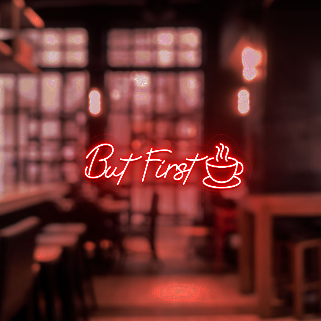 Stylish red LED, but first neon sign with coffee cup mounted on cafe door. Perfect for café entrances & doors, coffee shops, restaurant displays, and home coffee corners.
