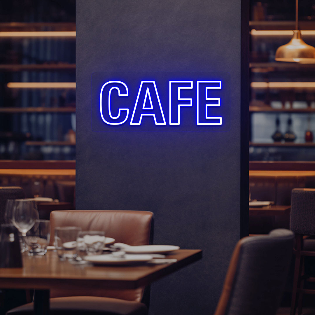 Image of a cafe LED neon sign mounted on a cafe wall in blue color.