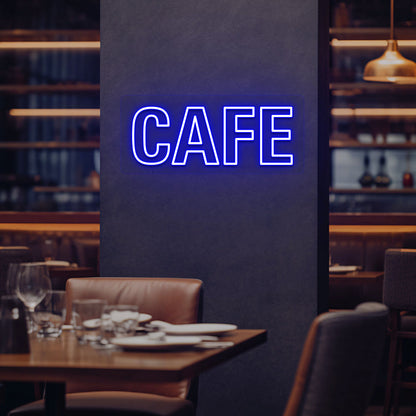 Image of a cafe LED neon sign mounted on a cafe wall in blue color.