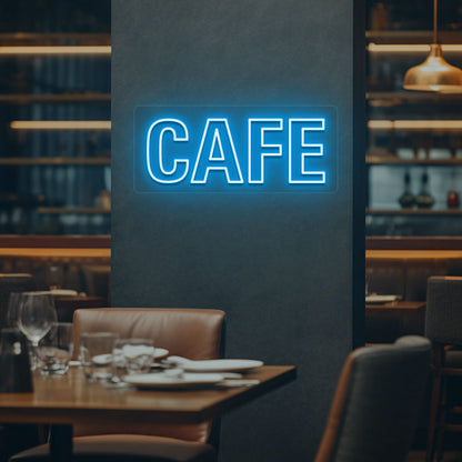 Image of a cafe LED neon sign mounted on a cafe wall in ice blue color.