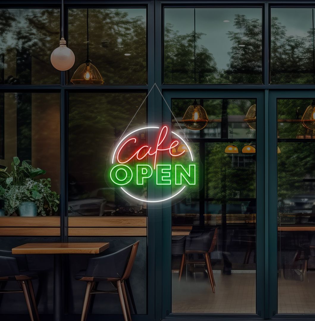Modern cafe open neon sign glowing green on cafe door.