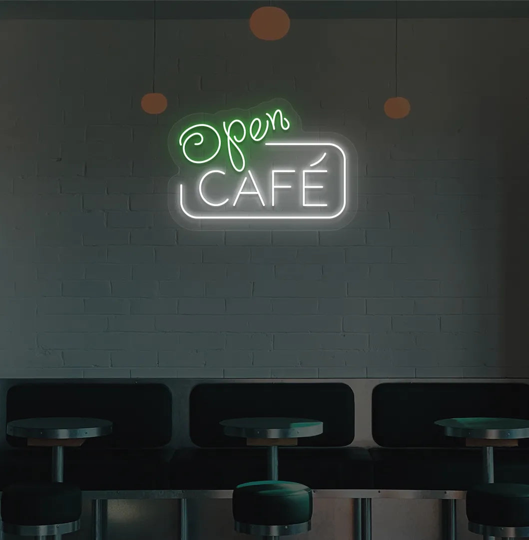 Green cafe open LED neon sign for coffee shop wall setup.