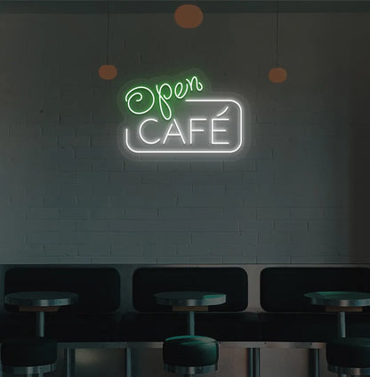 Green cafe open LED neon sign for coffee shop wall setup.