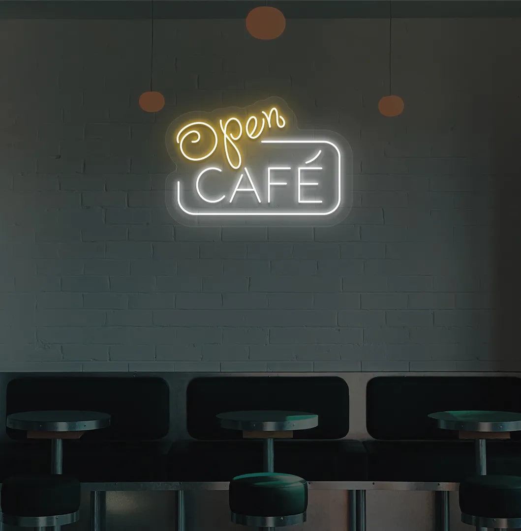 Orange cafe open LED neon sign for coffee shop wall setup.