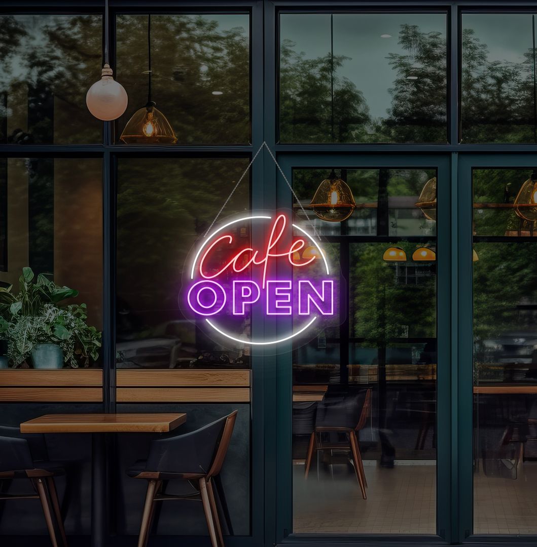 Modern cafe open neon sign glowing purple on cafe door.