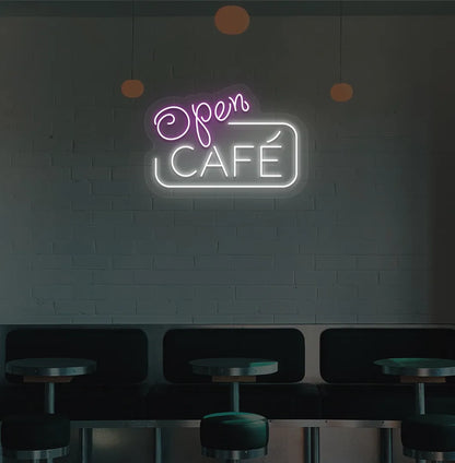 Purple cafe open LED neon sign for coffee shop wall setup.