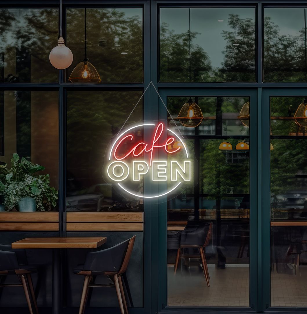 Modern cafe open neon sign glowing warm white on cafe door.