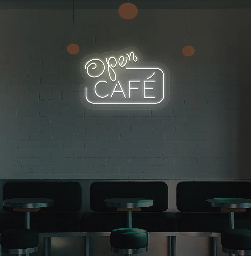 Warm white cafe open LED neon sign for coffee shop wall setup.