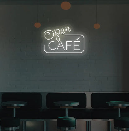 Warm white cafe open LED neon sign for coffee shop wall setup.