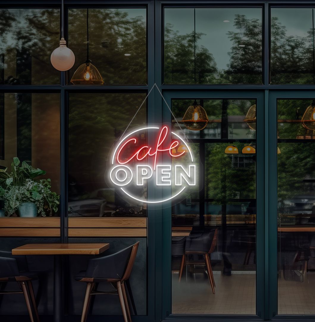 Image of a cafe's open neon sign glowing on the cafe glass door in white.