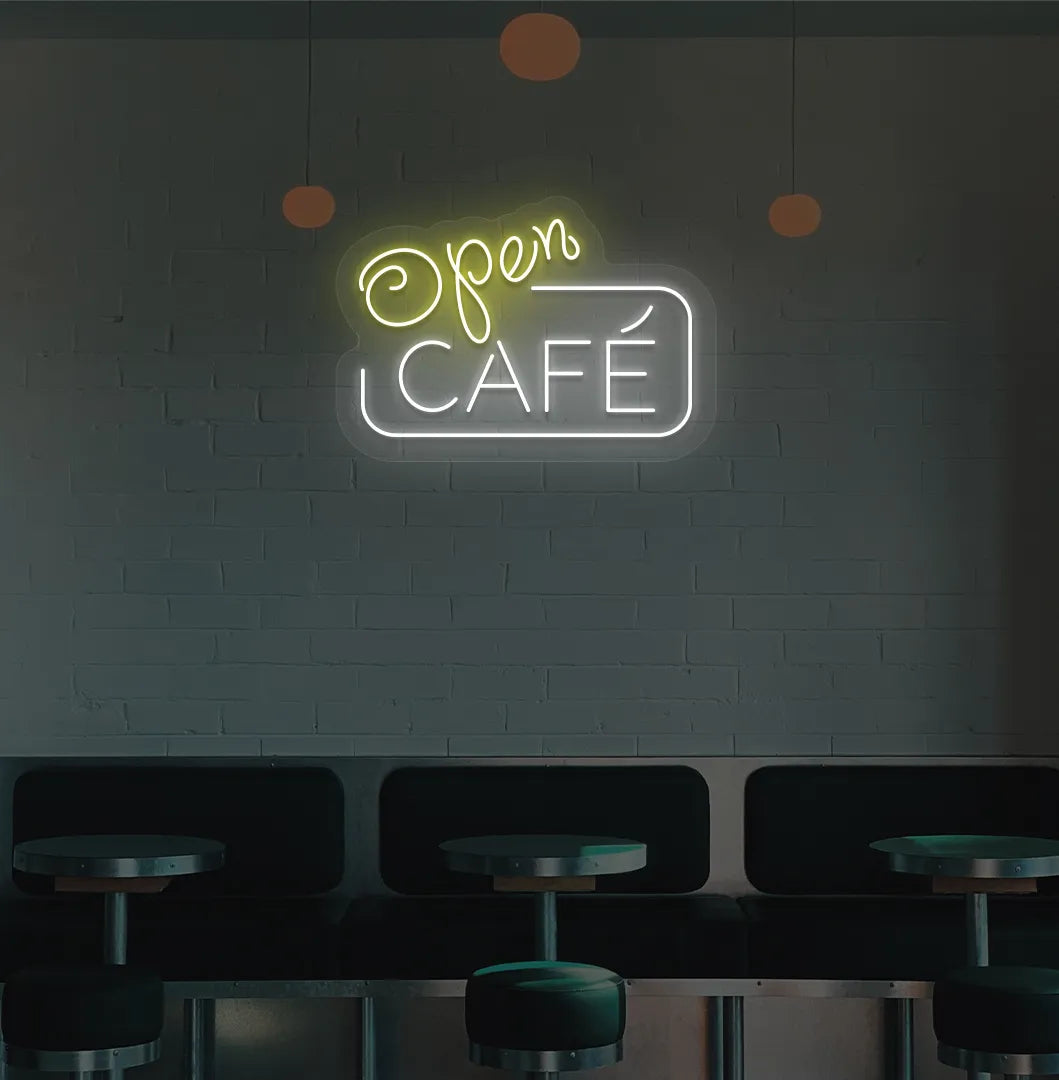 Yellow cafe open LED neon sign for coffee shop wall setup.