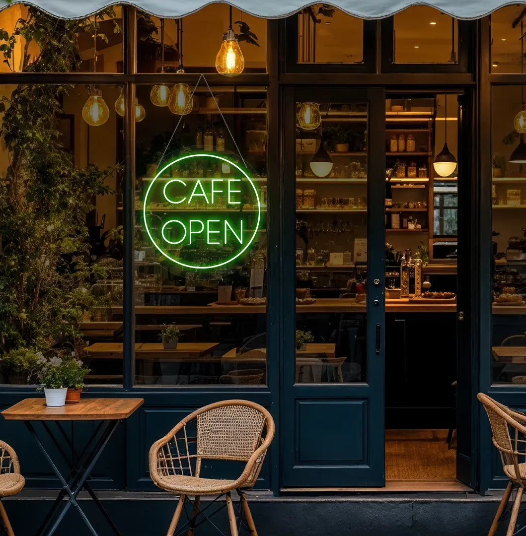 Green cafe open in circle LED neon sign for coffee shop wall setup.