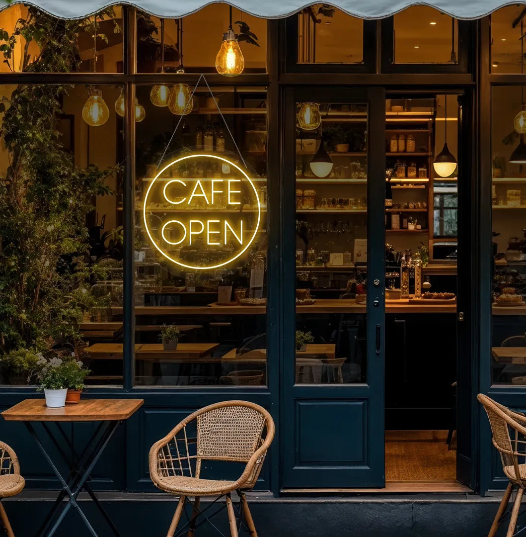 Orange cafe open in circle LED neon sign for coffee shop wall setup.