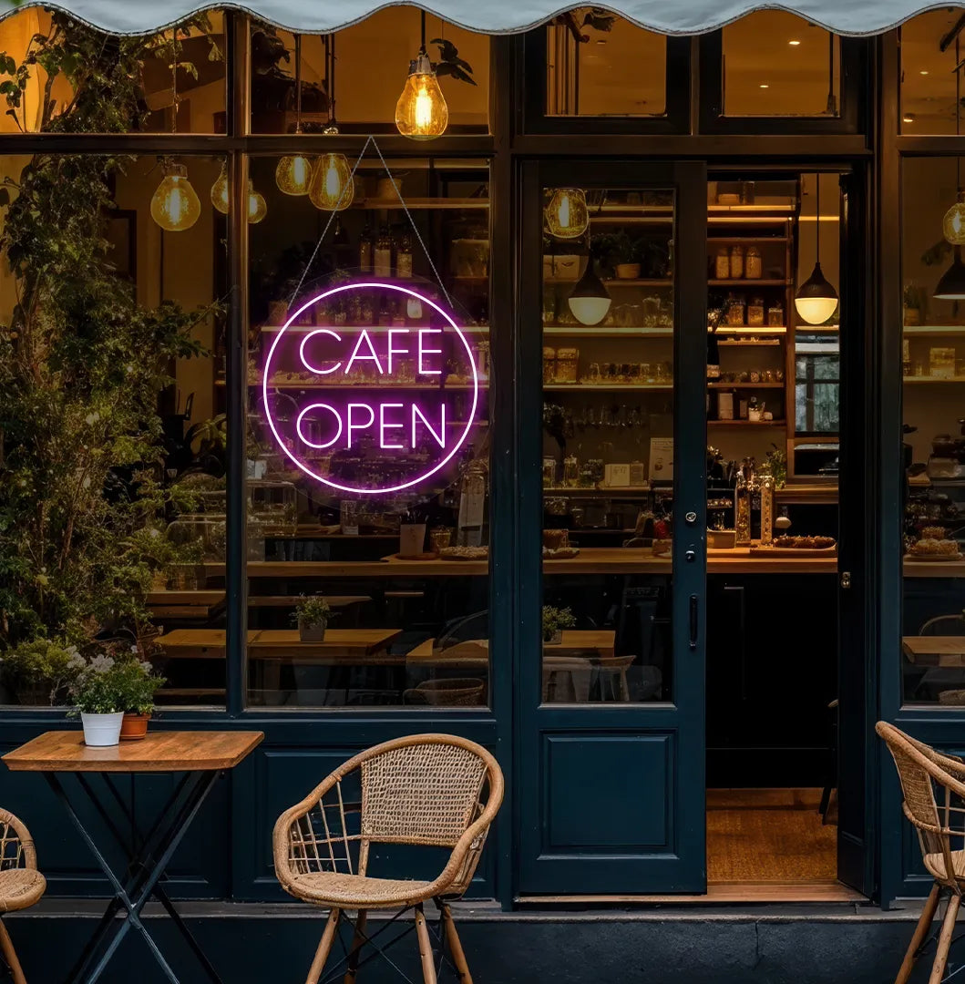 Purple cafe open in circle LED neon sign for coffee shop wall setup.