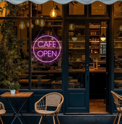 Purple cafe open in circle LED neon sign for coffee shop wall setup.
