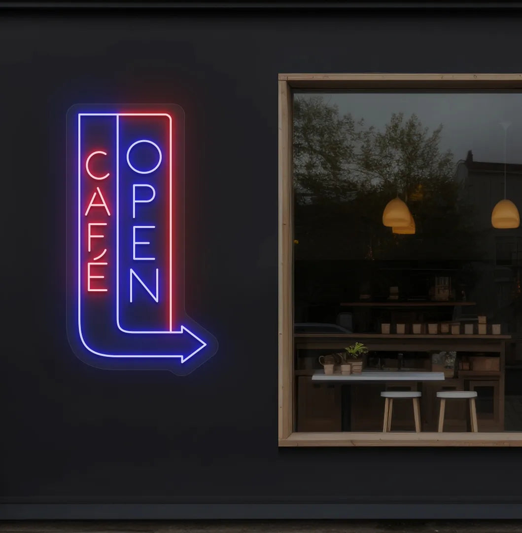 Image of a modern cafe wall featuring Cafe Open with arrow neon sign glowing blue.