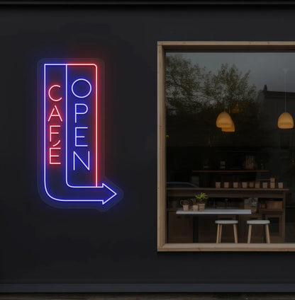 Image of a modern cafe wall featuring Cafe Open with arrow neon sign glowing blue.