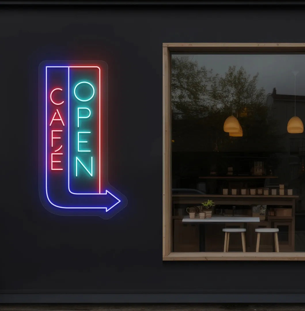 Image of a modern cafe wall featuring Cafe Open with arrow neon sign glowing ice blue.