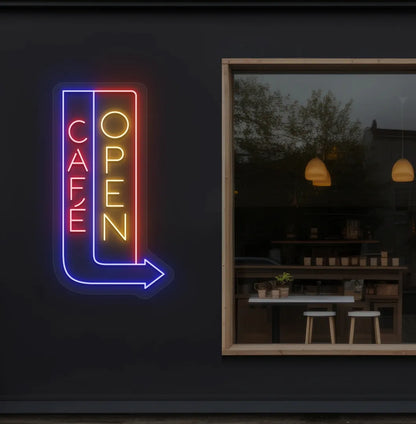 Trendy Cafe Open orange neon sign with arrow mounted on coffee shop wall