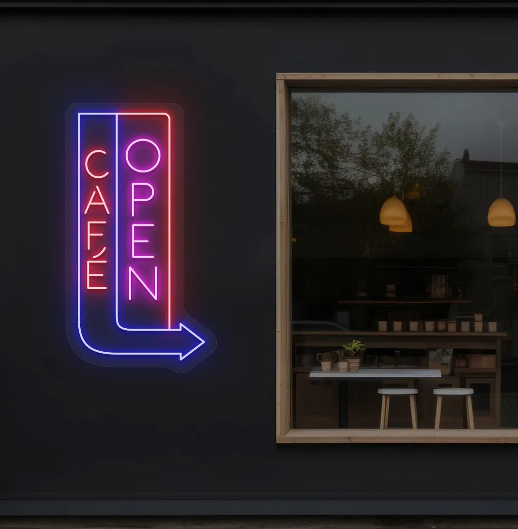Image of a modern cafe wall featuring Cafe Open with arrow neon sign glowing pink.