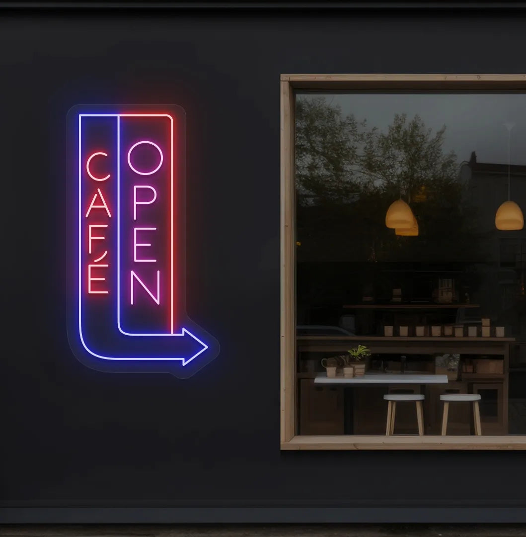 Trendy Cafe Open purple neon sign with arrow mounted on coffee shop wall