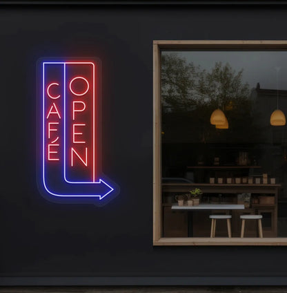 Image of a modern cafe wall featuring Cafe Open with arrow neon sign glowing red.