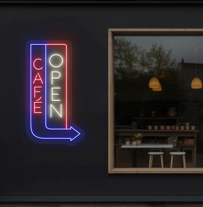 Trendy Cafe Open warm white neon sign with arrow mounted on coffee shop wall